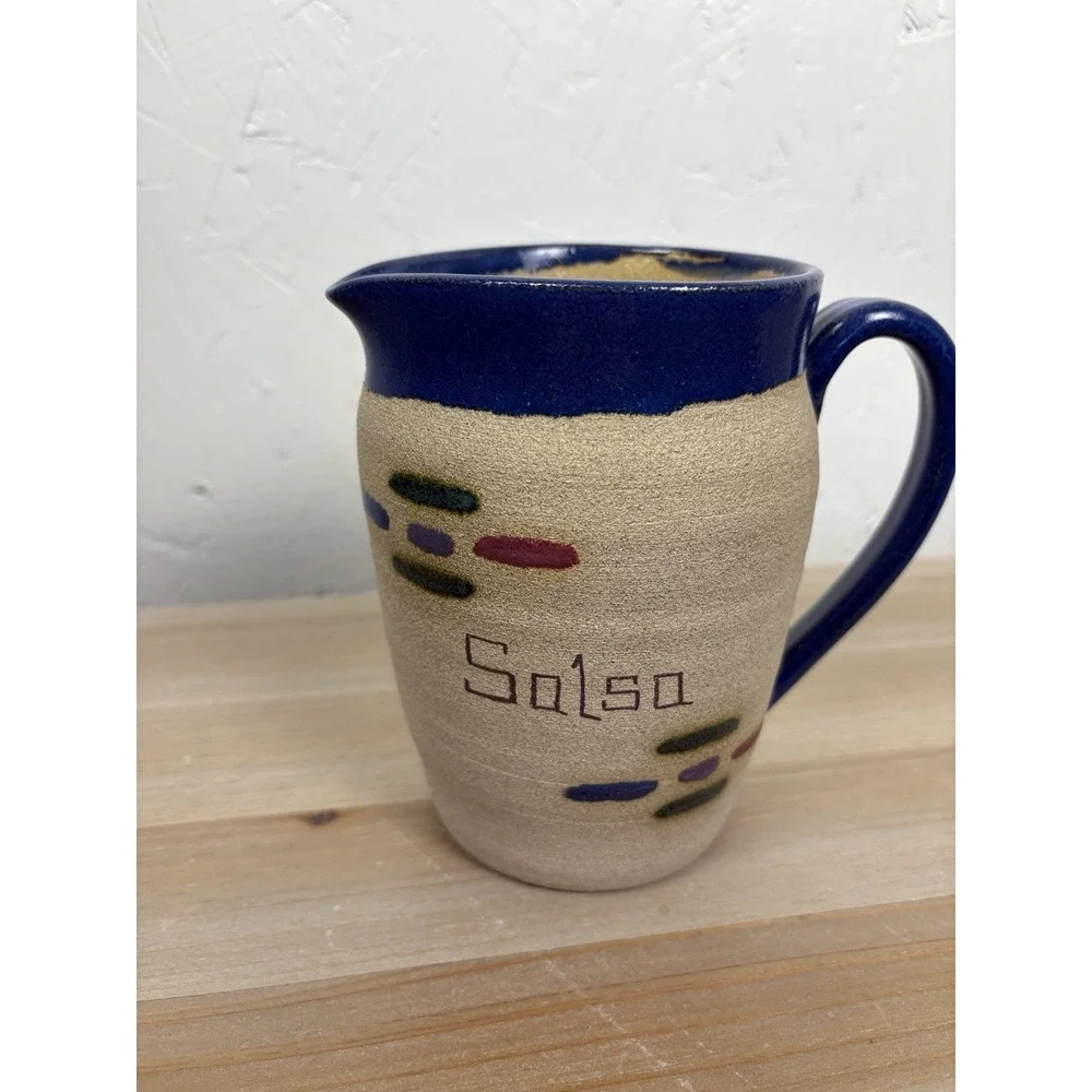 Studio Pottery Hand Crafted Small Salsa‎ Pitcher Blue Stoneware Rustic Kitchen